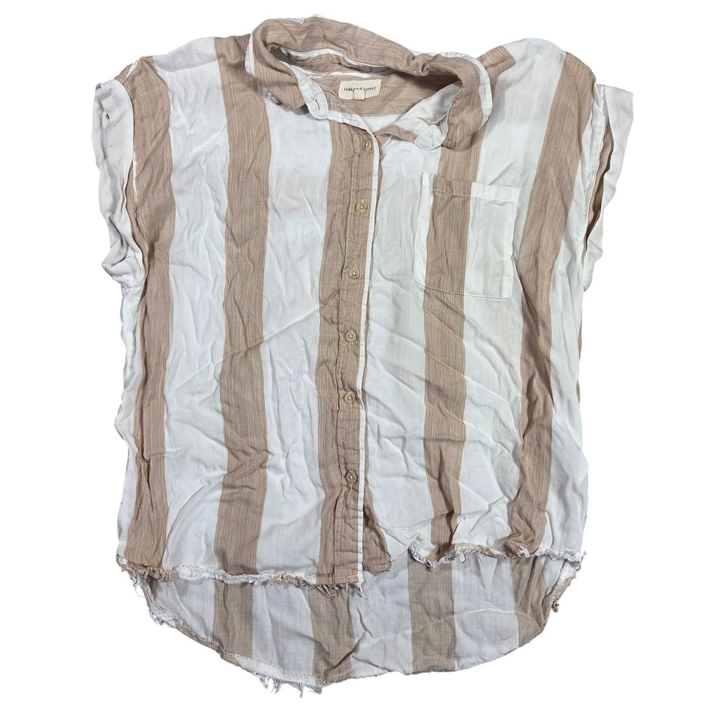 Thread & Supply Washed Camel Stripe Tencel Button Down Top Frayed Hem M Boho
